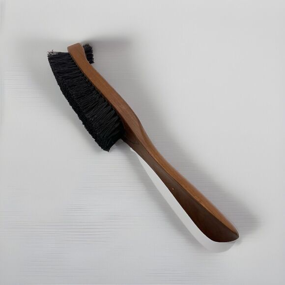 Vintage Wood Lint Clothes Brush HERS Leather w Shoe Horn Handle Double Sided - Picture 2 of 6